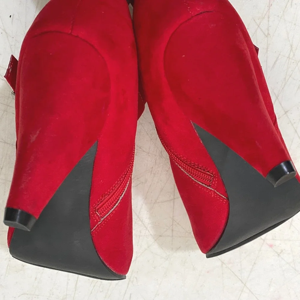 Red Faux Suede Western Ankle Boots Womens Size 10 Cowgirl Rodeo Boho Bootie Bold